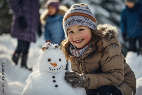 Joyful Child Building a Snowman in Winter Wonderland 