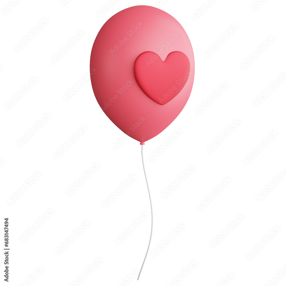 Heart red balloon clipart flat design icon isolated on transparent background, 3D render Valentine concept