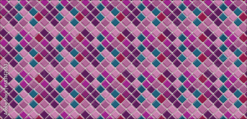 seamless geometric pattern, Diamond Shaped, Semi Gloss Mosaic Tiles arranged in the shape of a wall. Purple, Polished, Bricks stacked