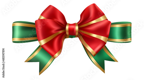 Red, green, golden ribbon and bow with white isolated against transparent background