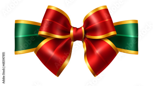 Red, green, golden ribbon and bow with white isolated against transparent background