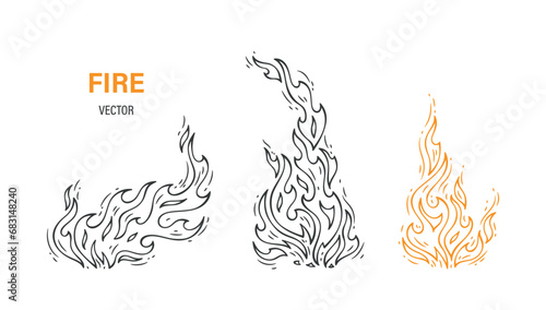 Fire Flame Vector Set. Outline Campfire.
