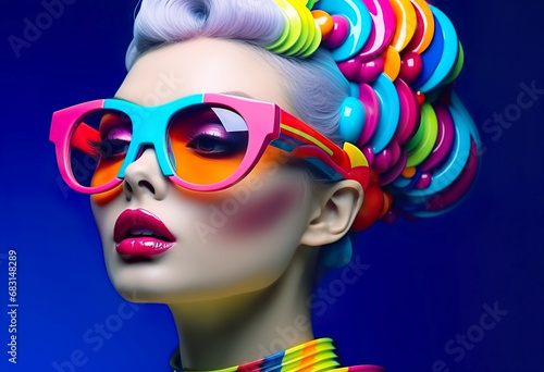 Exotic surrealism woman hair stylish fashion art with clorful plastic line pattern. inspiration of modern pop art design