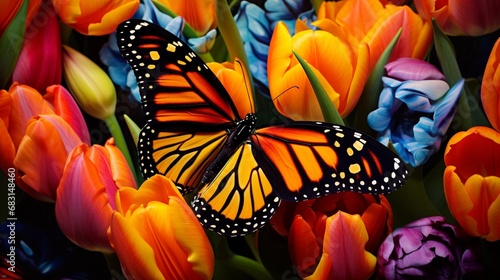 Reveal the intricate patterns on a monarch butterfly as it rests on a bed of colorful tulips in the soft glow of a spring afternoon. photo
