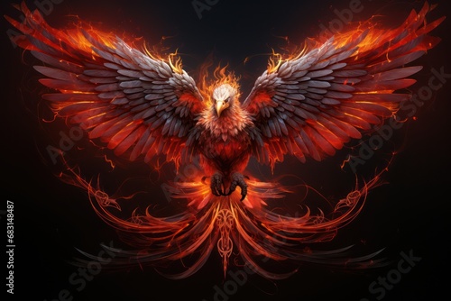 A vibrant red phoenix with fiery plumage gracefully rises from the midst of intense flames, its wings composed of intricate wire designs symbolizing rebirth