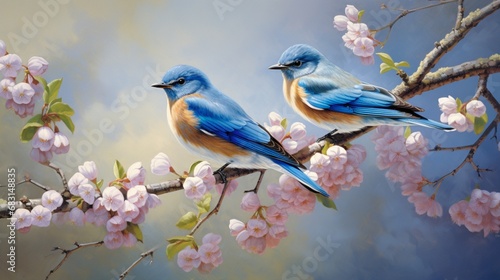 Showcase a pair of courting bluebirds, their vibrant plumage complementing the fresh blossoms of an apple tree in full bloom.