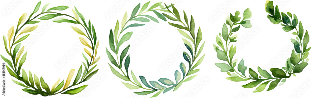four watercolor laurel wreaths for printable templates