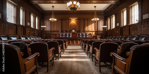Vacant courtroom, its solemnity marked by rows of leather chairs