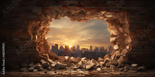 Cityscape peeking through a gap in a weathered brick wall photo
