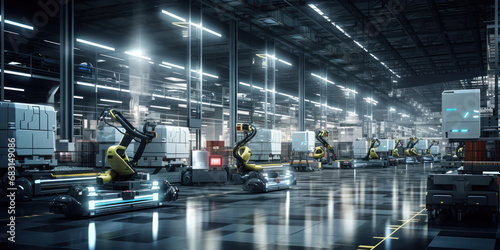 Autonomous robots efficiently navigating within a modern, futuristic warehouse photo