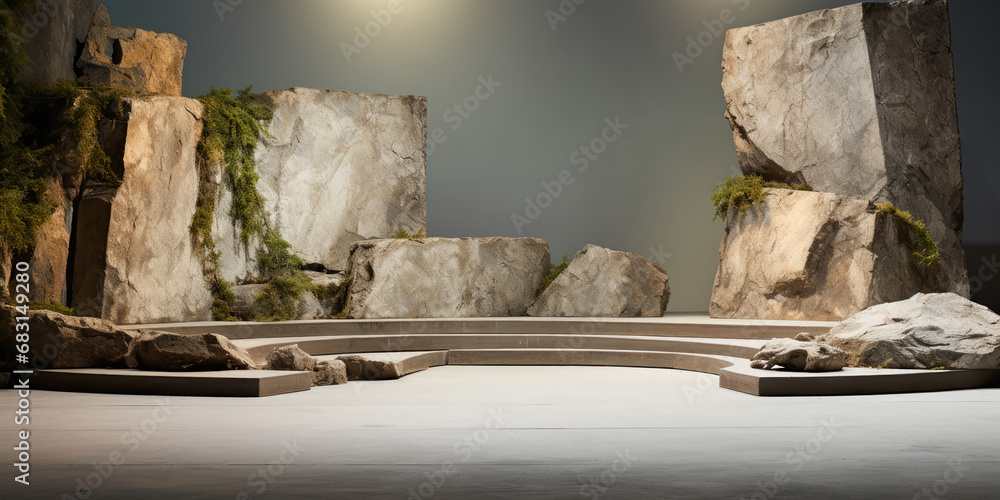 Abstract artistry in a concrete stage model, featuring rocks and a scenic backdrop