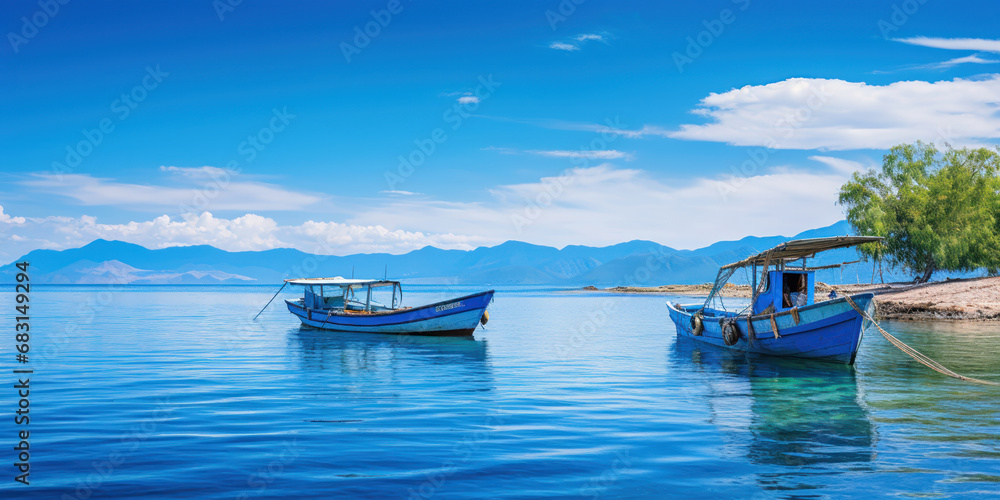 Picturesque island scene with boats dotting the surrounding ocean