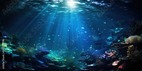 The underwater ocean world illuminated by shimmering light from above