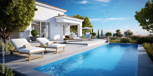 Backyard luxury villa, featuring an inviting pool and sunbathing deck photo