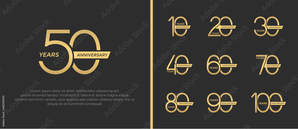 set of anniversary logo golden color on brown background for celebration moment - obrazy, fototapety, plakaty 