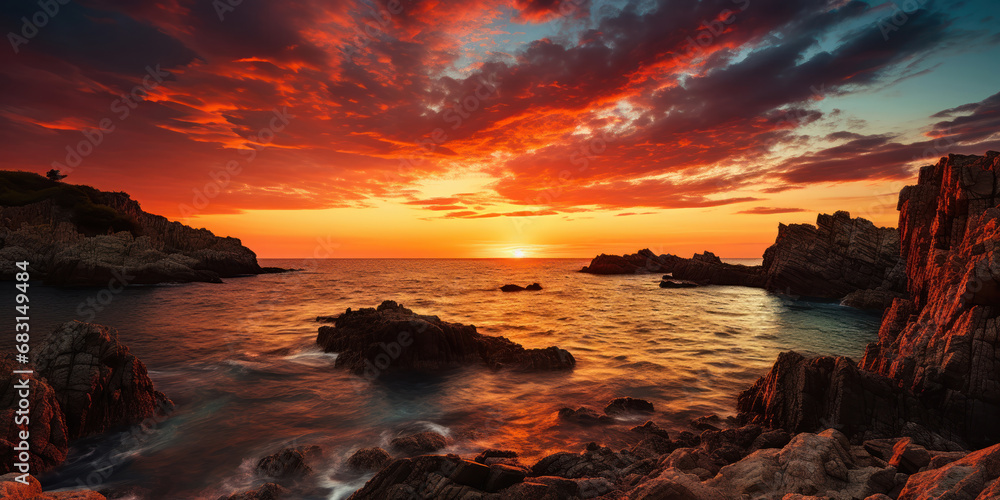 Stunning sunset casting its hues over rugged rocks