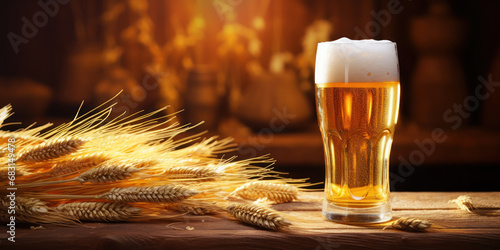 Frothy beer glass beside wheat stalks on a rustic wooden table