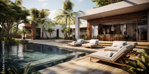 Backyard luxury villa, featuring an inviting pool and sunbathing deck