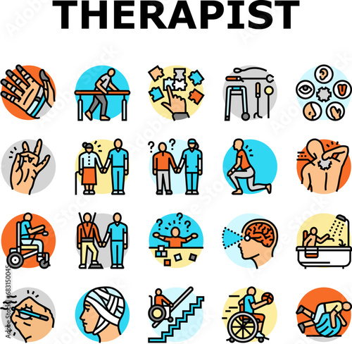 occupational therapist health icons set vector. therapy physical care, physiotherapist assistance, professional doctor occupational therapist health color line illustrations