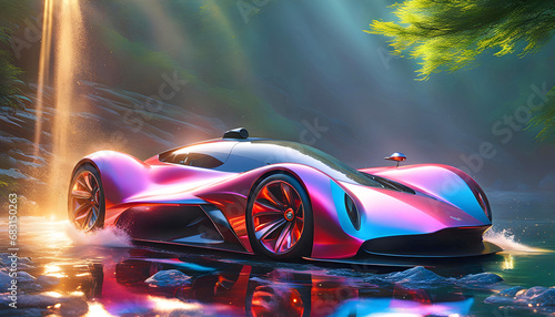 Modern car in bright light and splashes of water, beautiful graphic illustration, pop art,