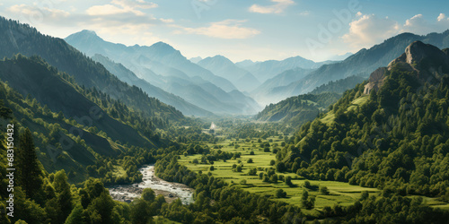 Lush valley nestled among towering mountains and dense trees