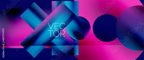 Squares and circles design. Fluid color gradients with metallic effects. Serene synergy of shapes, merging squares and circles into harmonious, captivating design