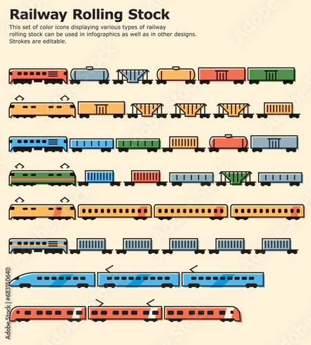 Railway Rolling Stock. This set of color icons displaying various types of railway rolling stock can be used in infographics as well as in other designs. Strokes are editable