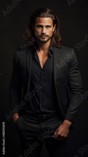handsome man in classic suit with long hair on dark background. © mariiaplo