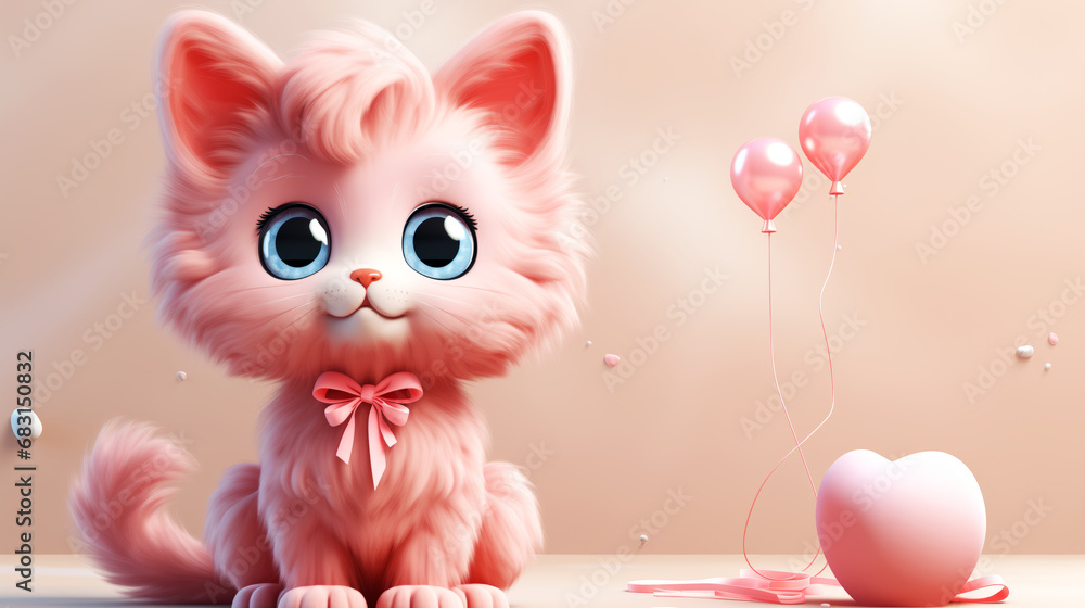 Cute pink cat with red balloons and heart-shaped gift box.