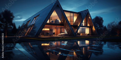 Night falls on a geometric house, casting reflections of ambient light