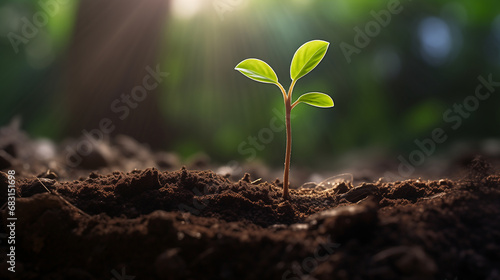Young green sapling plant growing from the earth.