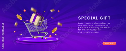 3D Effect Shopping Gift Sale banner with purple background