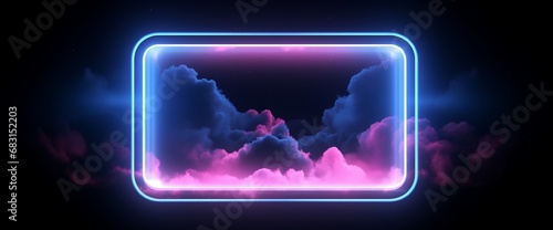3d cloud going through square window isolated on black background. Starry night sky. Abstract dreaming metaphor. Glowing pink blue neon lines. Virtual reality. Ultraviolet light