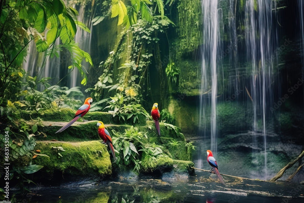 tropical parrot birds in the waterfall jungle habitat tropical parrot birds in the waterfall jungle habitat