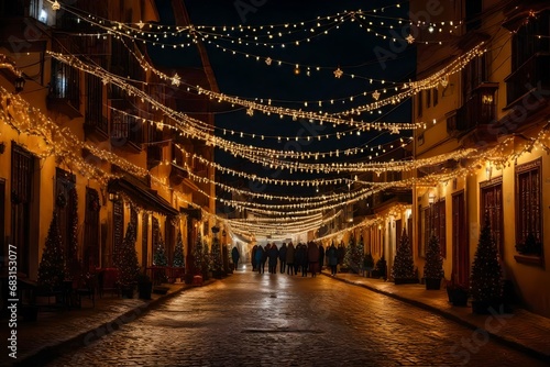 Authentic tiny street of old city Christmas decor and illuminations, Christmas star and lights 