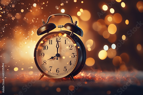 alarm clock on Christmas holiday background with bokeh effect