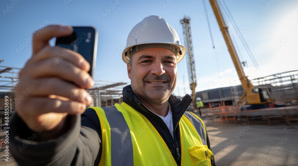 A Civil engineer takes a selfie standing near a construction site with a tower crane in the background. A Civil engineer takes a selfie standing near a construction site with a tower crane in the background.