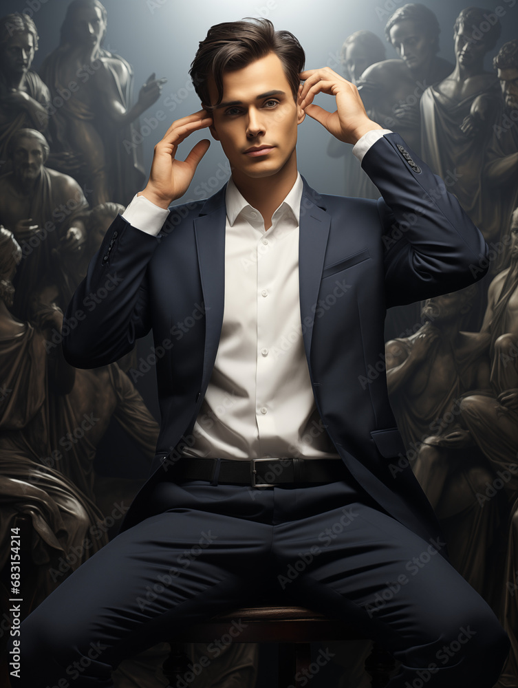 portrait of a businessman, portrait of a person, Man sits on a chair, man is full suite, philosopher, Generative AI portrait of a businessman, portrait of a person, Man sits on a chair, man is full suite, philosopher, Generative AI