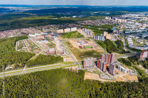 View of urban development from a great height due to the forest. Obninsk city, Russia