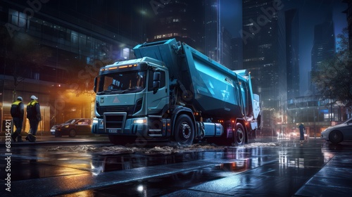 A Garbage trucks collecting garbage in the quiet night of a big city, government garbage collectors at work, a cold night, bright lights of tall buildings. photo