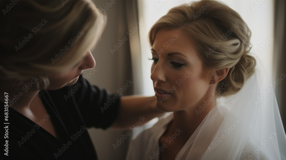 Fototapeta premium A bride having makeup done before her wedding.