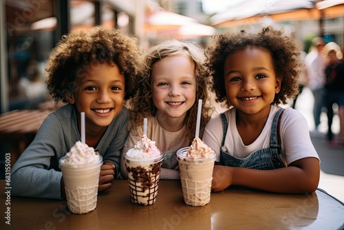 Joyful Childhood Friends Enjoying Milkshakes Together
 photo