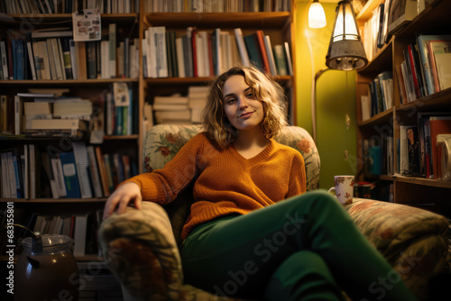 a beautiful woman relaxing on a sofa with a cup of coffee