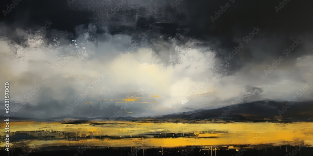 Abstract artwork includes a dramatic dark sky, highlighted by strong brushstrokes and grainy texture.
