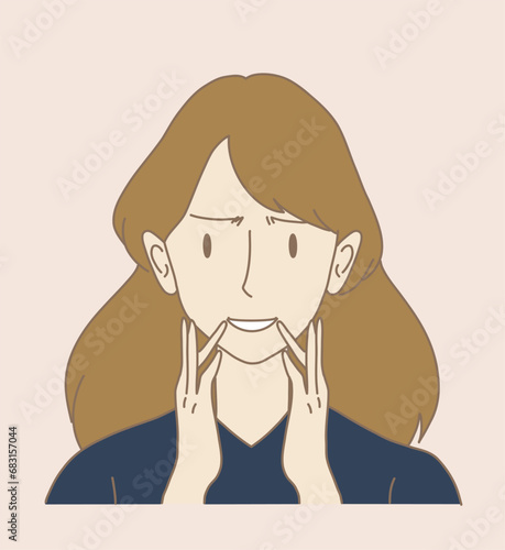 Unhappy woman forcing a smile,  holding fingers at the edges of lips, stretching mouth's corners, making fake smile. Hand drawn flat cartoon character vector illustration.