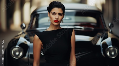 A woman wearing a chic and elegant black dress with a bold red lip, posing confidently in front of a vintage car. © PixelPaletteArt