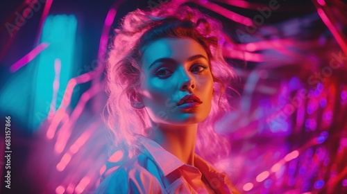 Close-up candid portrait photo of a fashion influencer posing with avant-garde style, vibrant neon colors. © PixelPaletteArt