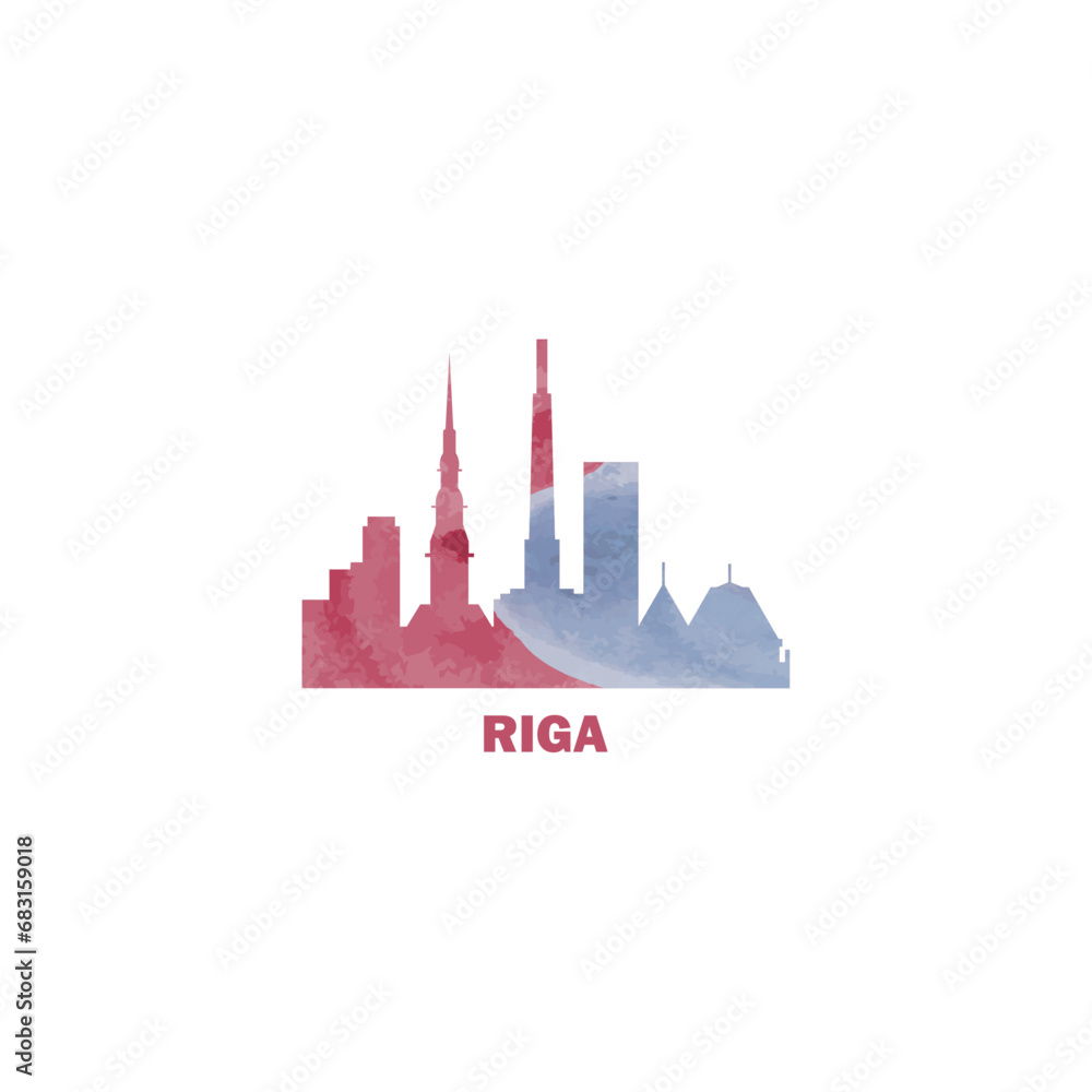 Riga watercolor cityscape skyline city panorama vector flat modern logo, icon. Latvia capital, megapolis emblem concept with landmarks and building silhouettes. Isolated graphic