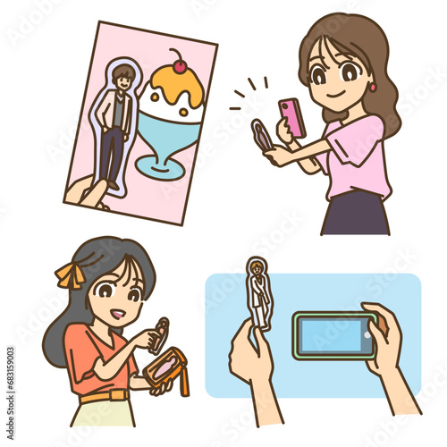 推しのグッズと記念撮影をする女性