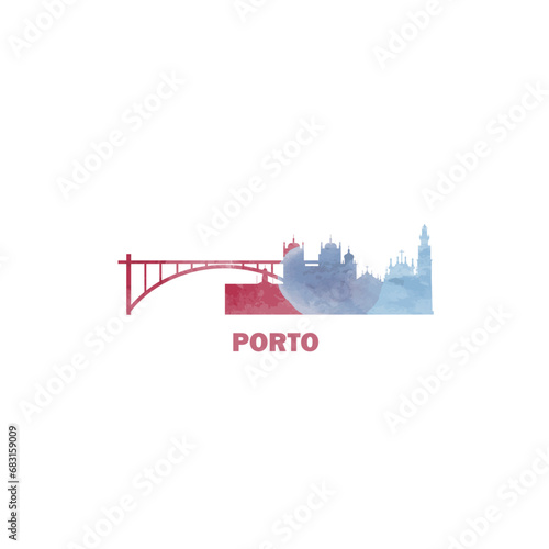 Porto watercolor cityscape skyline city panorama vector flat modern logo, icon. Portugal megapolis emblem concept with landmarks and building silhouettes. Isolated graphic